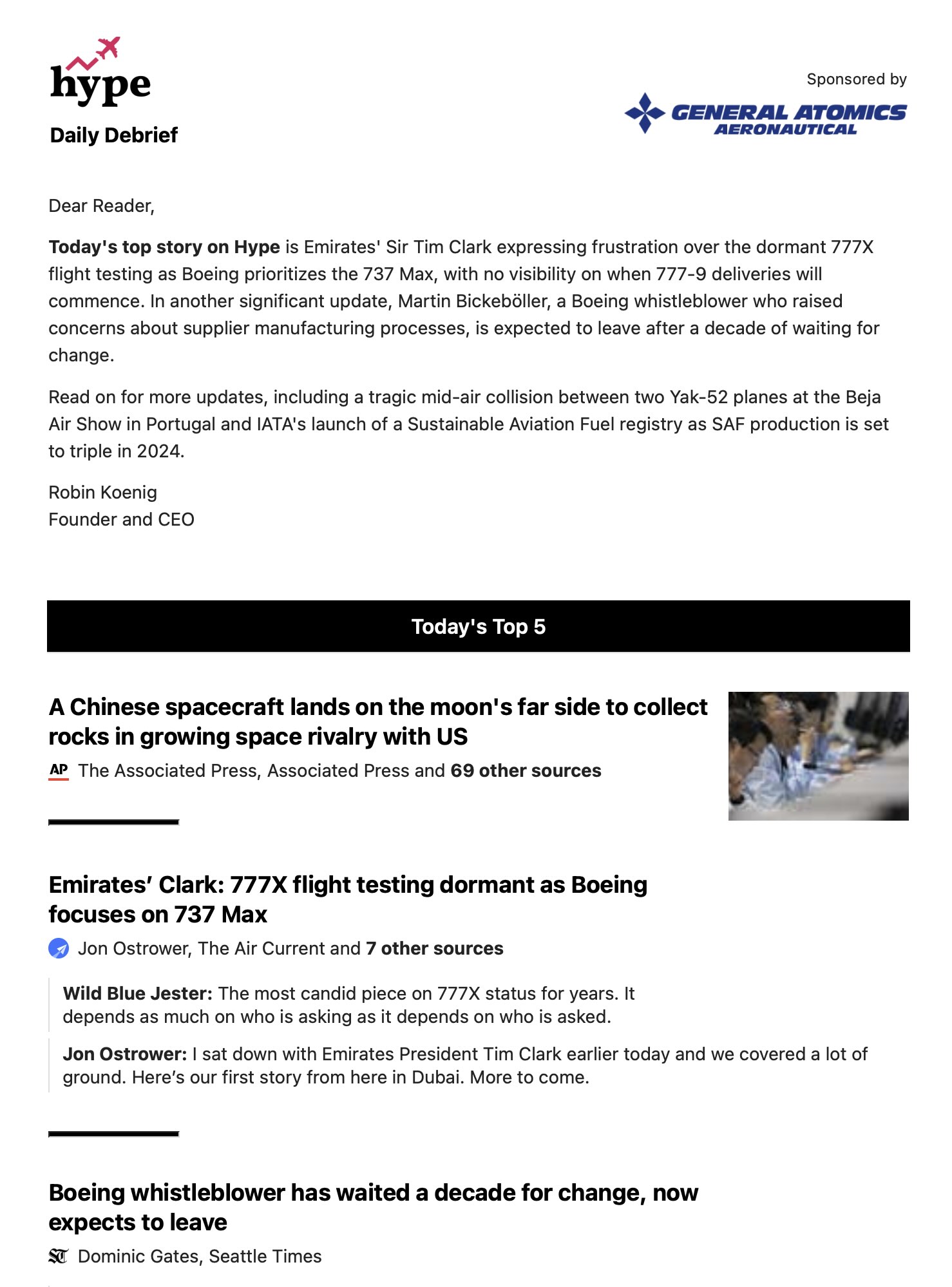 Screenshot of the Hype Newsletter